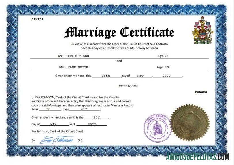 Realista modelo Word e PDF de certidão de casamento no Canadá